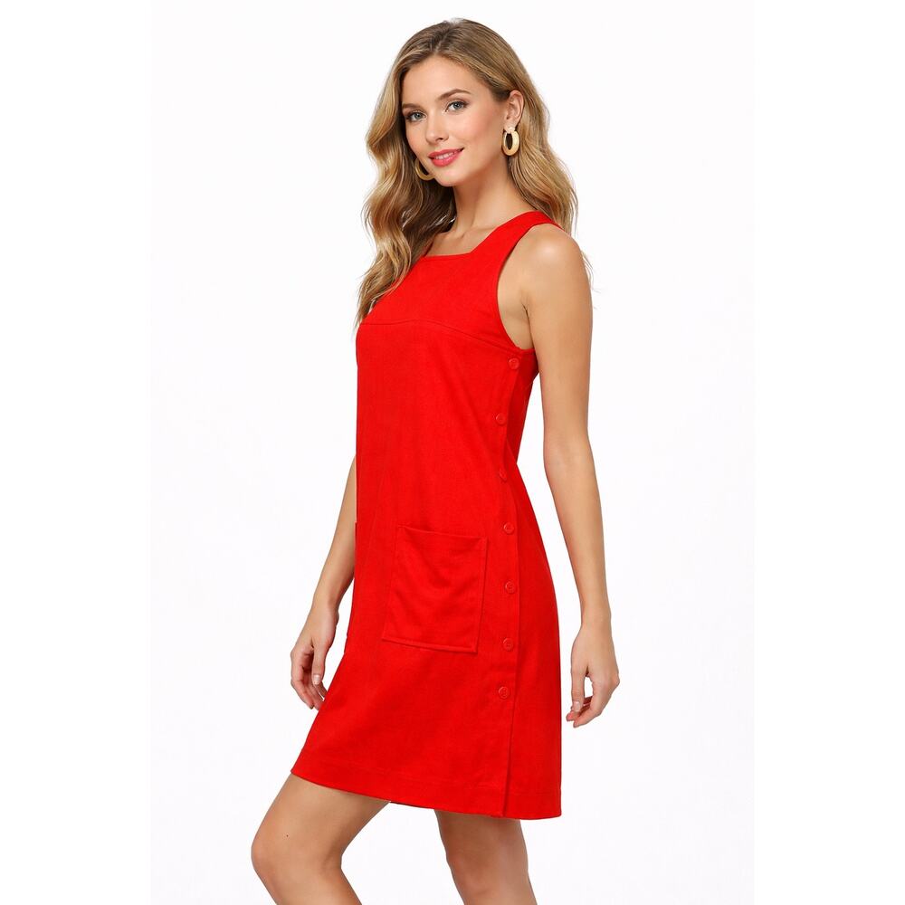 1970s Sears Red Mod Jumper Dress Pocket Button Side Shift Size Medium